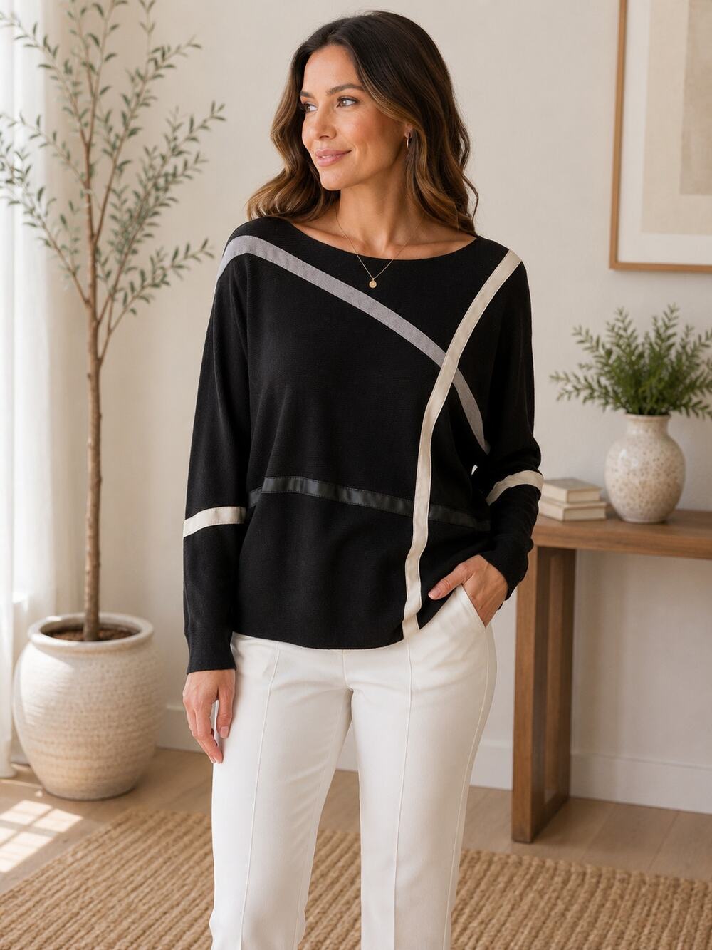 Siani Milano Black Colorblock Knit Sweater Dolman Top Size Large